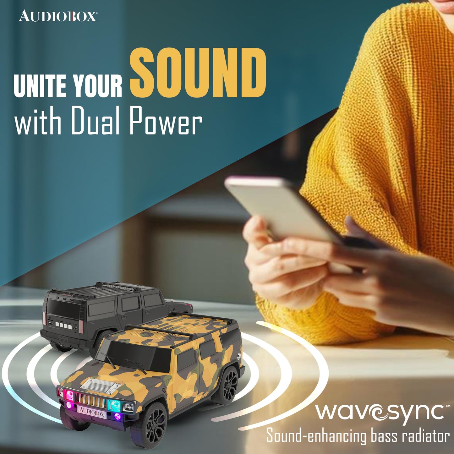 Audiobox Bluetooth Truck Speaker - Portable Hummer-Style Car Speaker with Moving Wheels, LED Headlights & Taillights, FM Radio, USB, TF, AUX Inputs