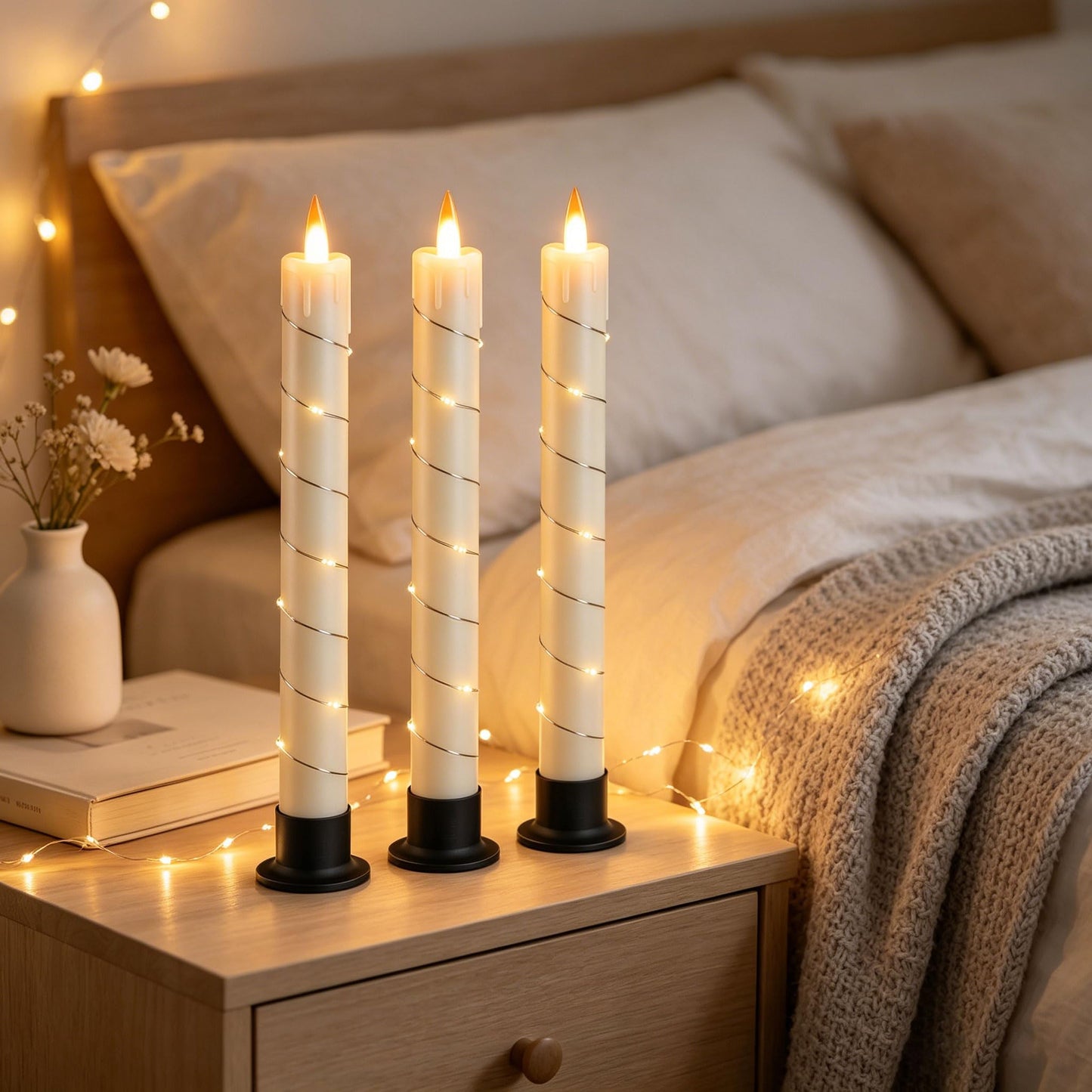 3 Pack Ivory Dripping Wax Flameless Candles, Realistic Dynamic Flame LED Taper Candles with Surrounding Fairy String Lights, Remote Control Battery