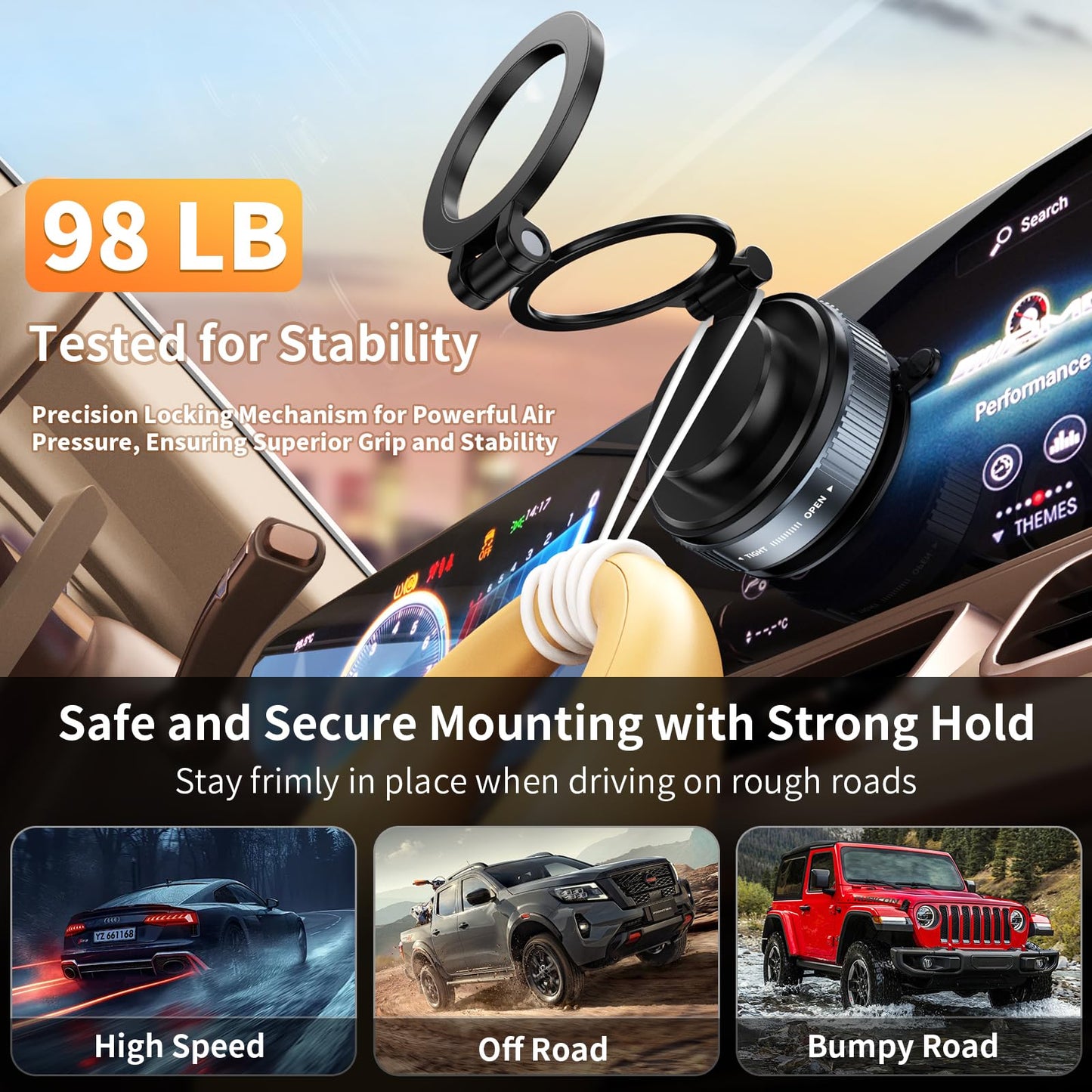 LENEZEN 2025 Upgraded Metal 360° Adjustable Vacuum Suction Cup Phone Mount [98LB Suction], Magnetic Phone Holder for Car, Foldable Portable iPhone