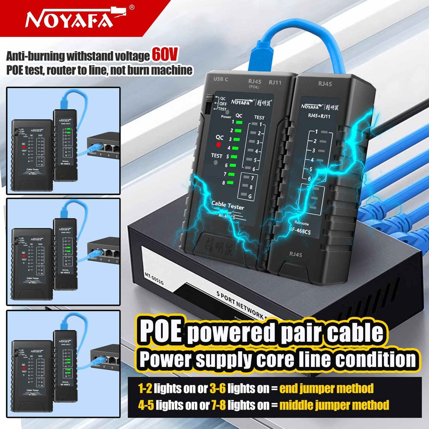 YILTION NF-468CS Network Cable Tester Telephone & Continuity Tester Ethernet Cable Mapper for RJ45/RJ11/RJ12/CAT5/CAT6/POE Test UTP/STP Network Test