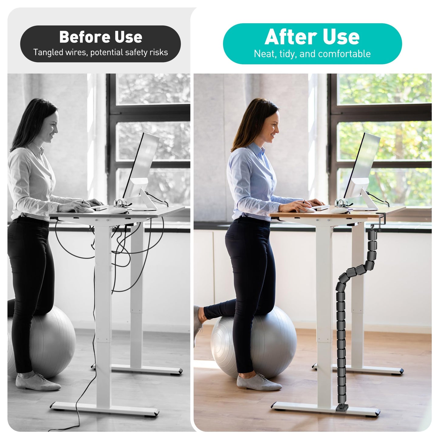 DeskLogics Clamp-On Cable Management Spine, No-Drill Vertebrae Wire Hider for Glass & Wood Standing Desks, Tool-Free Adjustable Desk-to-Floor Cord
