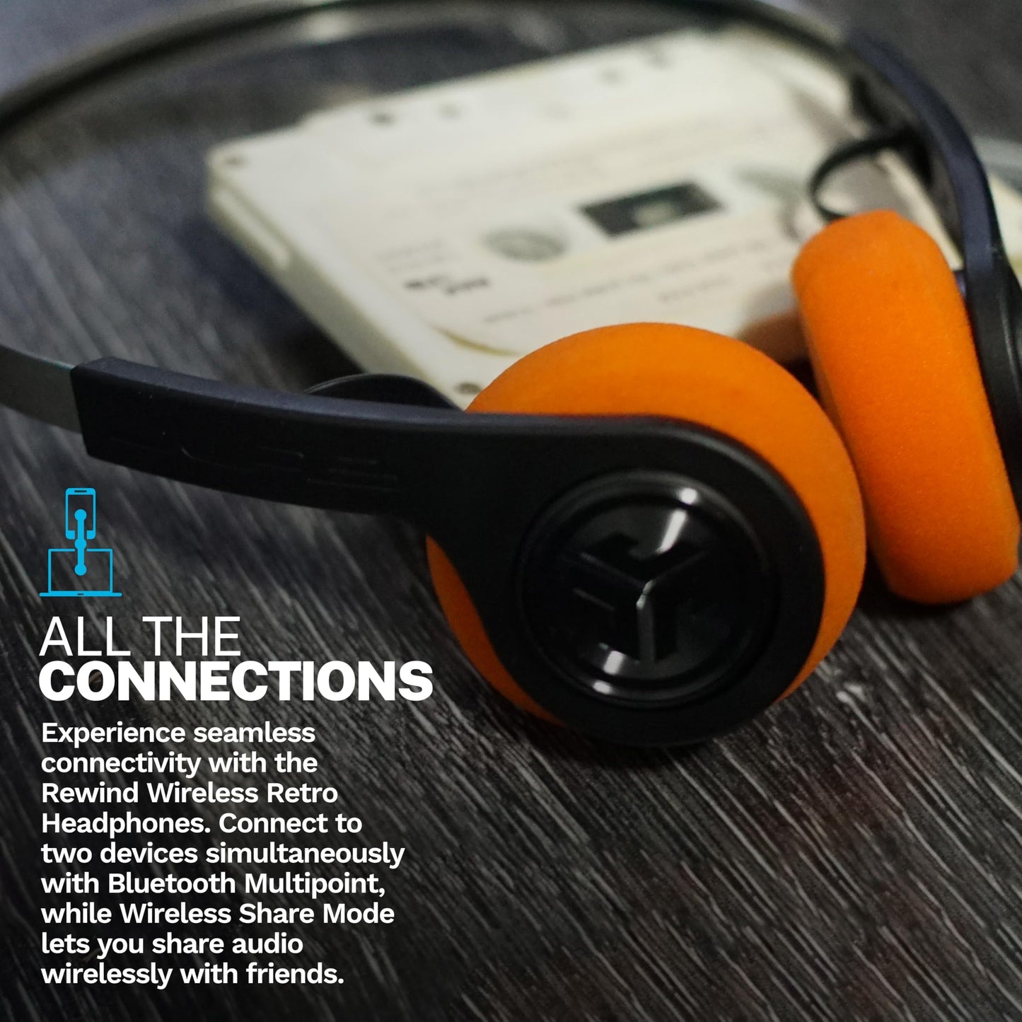 JLab Rewind 2 Wireless Retro Headphones, 20+ Hours Playtime, App Support, Bluetooth Multipoint + Wireless Sharing, Custom EQ3 Sound, Music Controls…