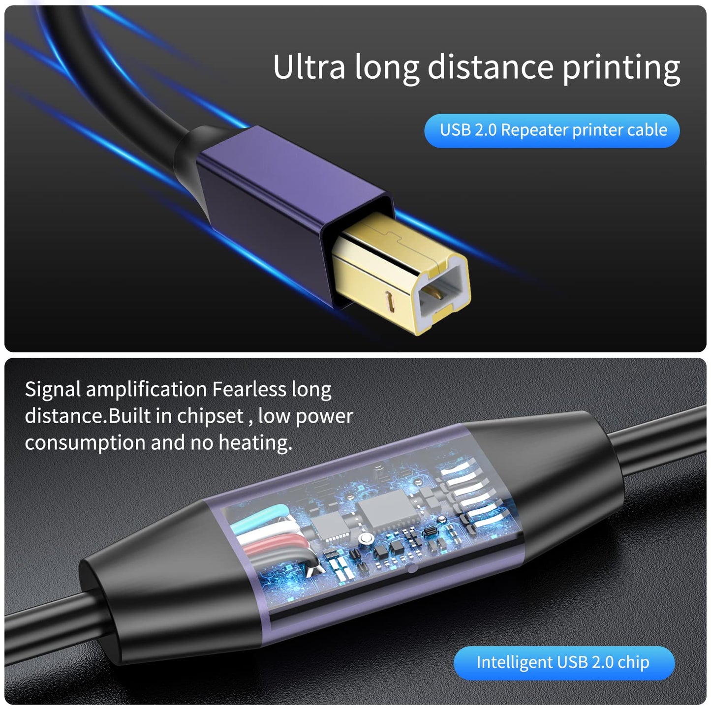 LDKCOK Active USB 2.0 Printer Cable 50ft - A-Male to B-Male High Speed Printer/Scanner/Repeater Cable for HP, Canon, Epson, Dell, Samsung etc