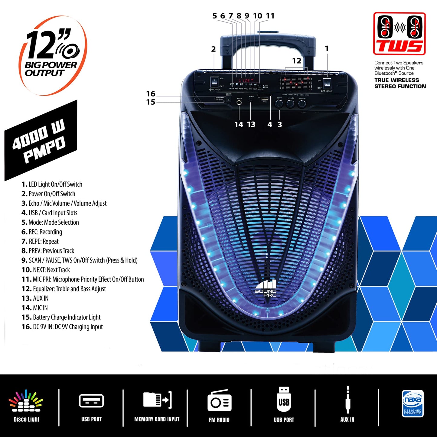Naxa Electronics NDS-1233 12-Inch Bluetooth Portable Party System with Disco Light