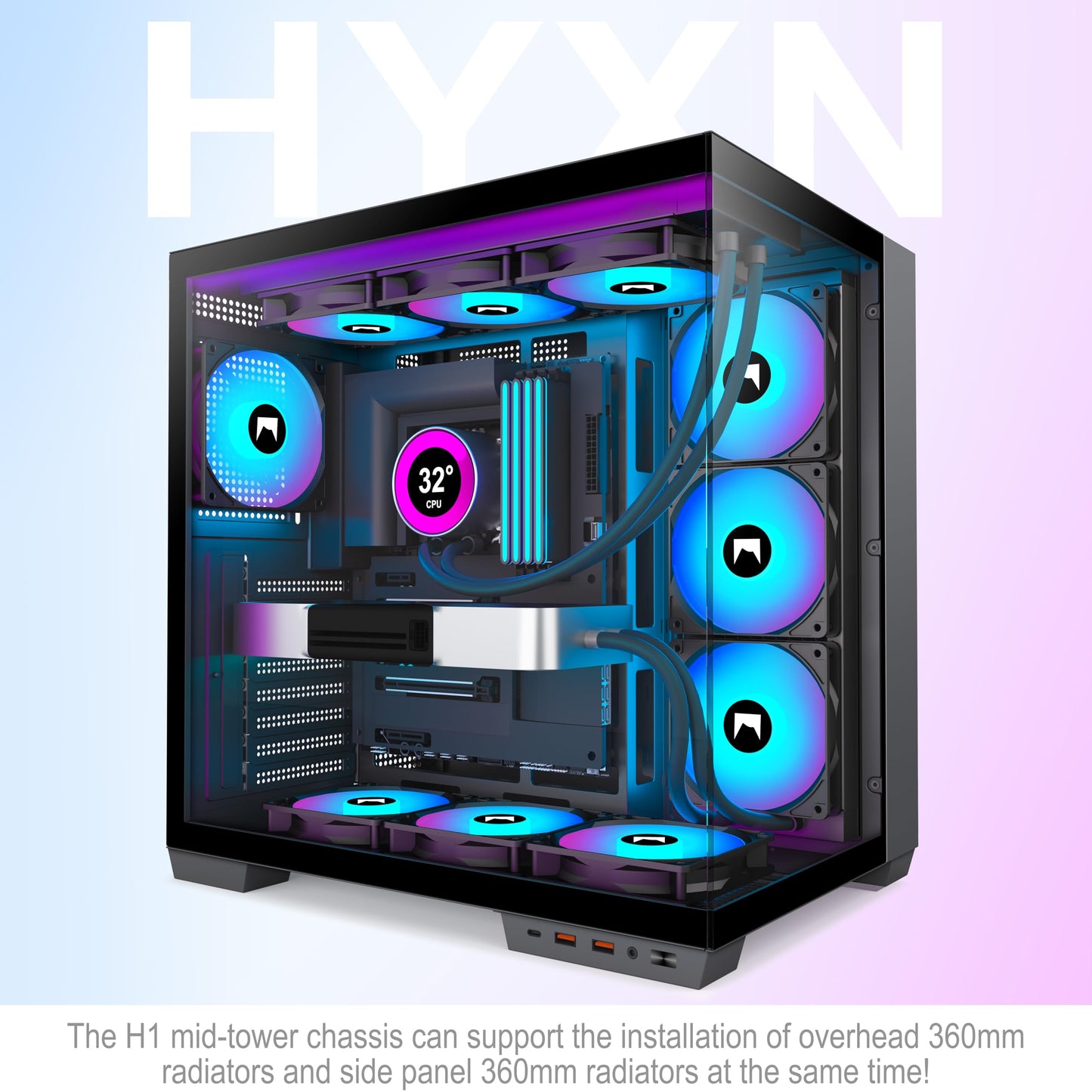 HYXN H1 HYXN ATX PC Case - Pre-Installed with 7 PWM ARGB Fans - Dual Cavity Mid-Tower PC Gaming Case - with Type-C - Can Hold up to 3X 360mm Radiator