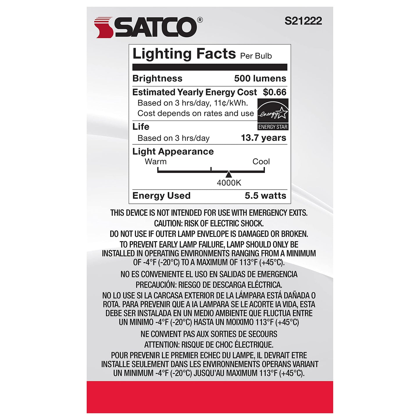 Satco 5.5-Watt LED E26 Light Bulb, 4000K, 15000 Hour Rating, Dimmable