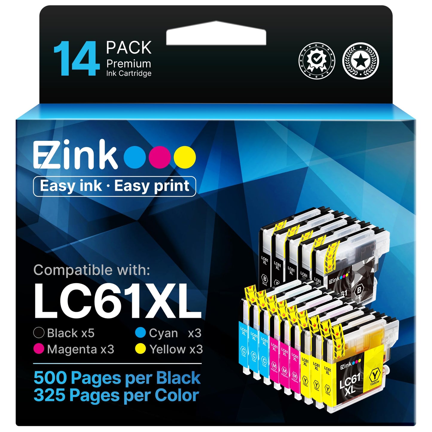 E-Z Ink Compatible Ink Cartridges Replacement for Brother LC61 LC65 LC-61 LC61BK LC61C LC61M LC61Y to use with MFC-490CW MFC-495CW MFC-6490CW