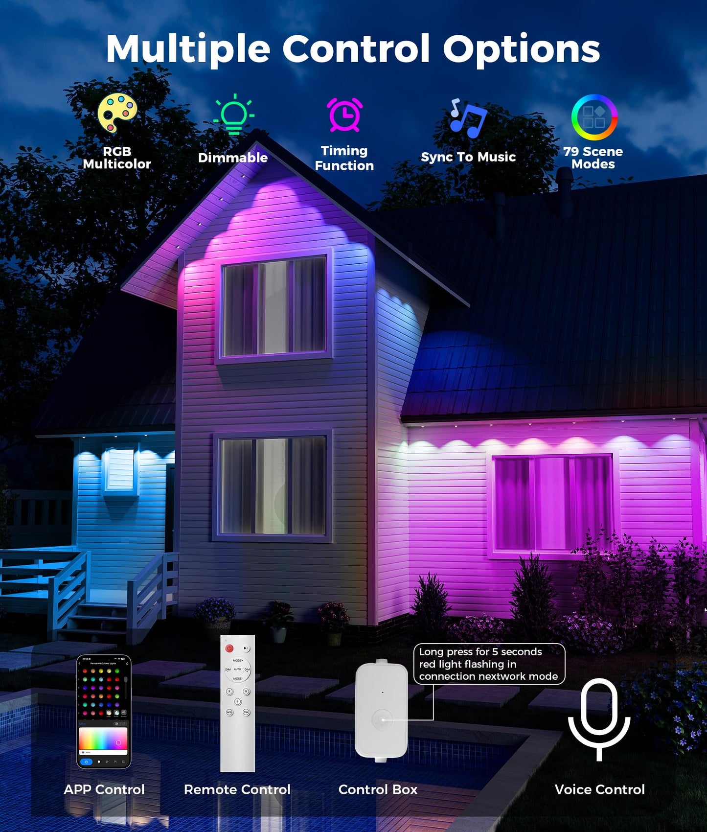 DeckTok Permanent Outdoor Lights, 100ft RGB & 60pcs LED Lights, 79 Scene Modes with Timer for Smart Outdoor Decorations, IP67 Waterproof Works