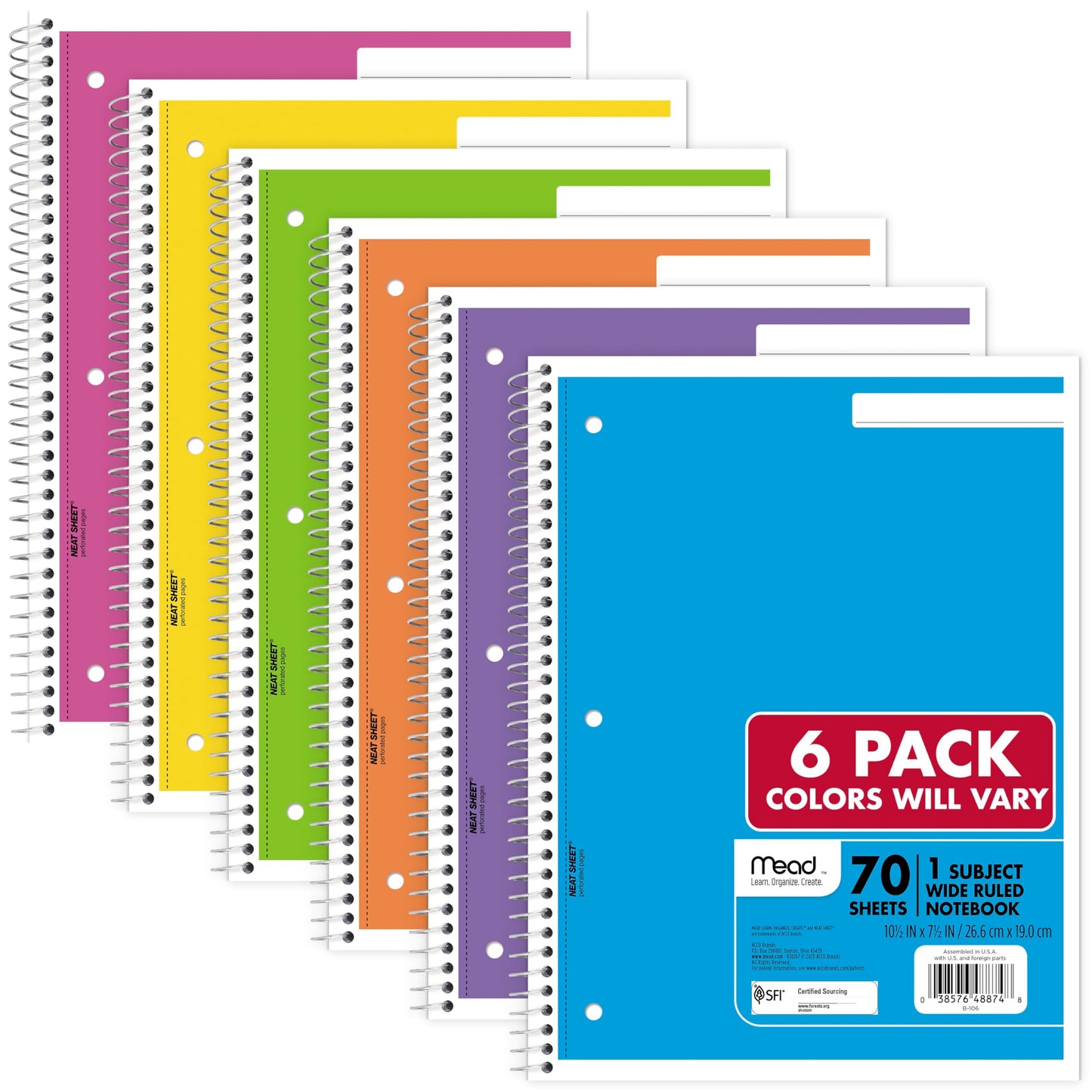 Mead Spiral Notebook, 1 Subject, Wide Ruled Paper, 8" x 10-1/2", 70 Sheets, Selected Colors Will Vary, 6 Pack (930267)