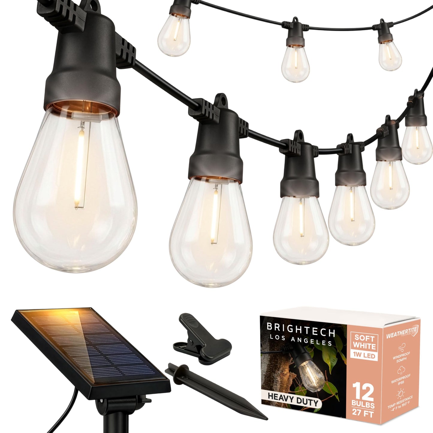 Brightech Ambience Pro Solar Powered Outdoor String Lights -27 ft Commercial Grade Waterproof Edison Patio Lights, Shatterproof LED String Lights
