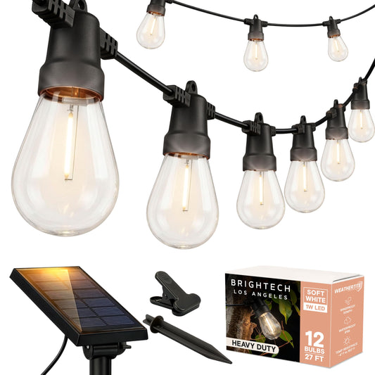 Brightech Ambience Pro Solar Powered Outdoor String Lights -27 ft Commercial Grade Waterproof Edison Patio Lights, Shatterproof LED String Lights