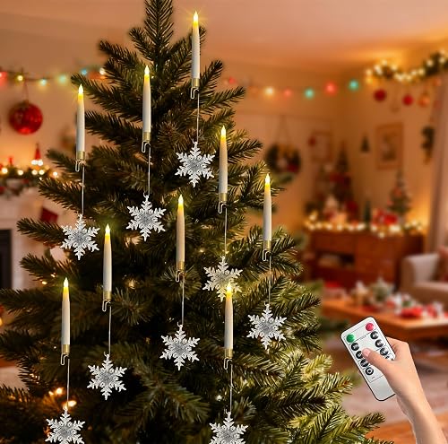 Htscudtg Christmas Tree Candles with Remote,10 Pcs LED Flameless Taper Candles with Clear Snowflake for Christmas Tree Decor, Battery Operated Tree