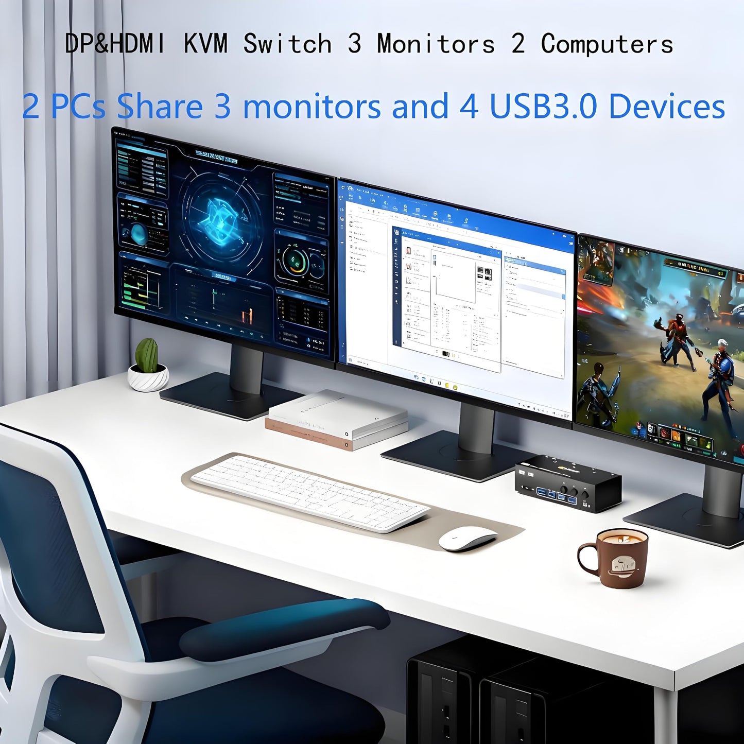 8K KVM Switch 3 Monitors 2 Computers 8K@60Hz 4K@144Hz,3 Monitors KVM Switch for 2 Computers Sharing Triple Monitors,Keyboard,Mouse,Printer