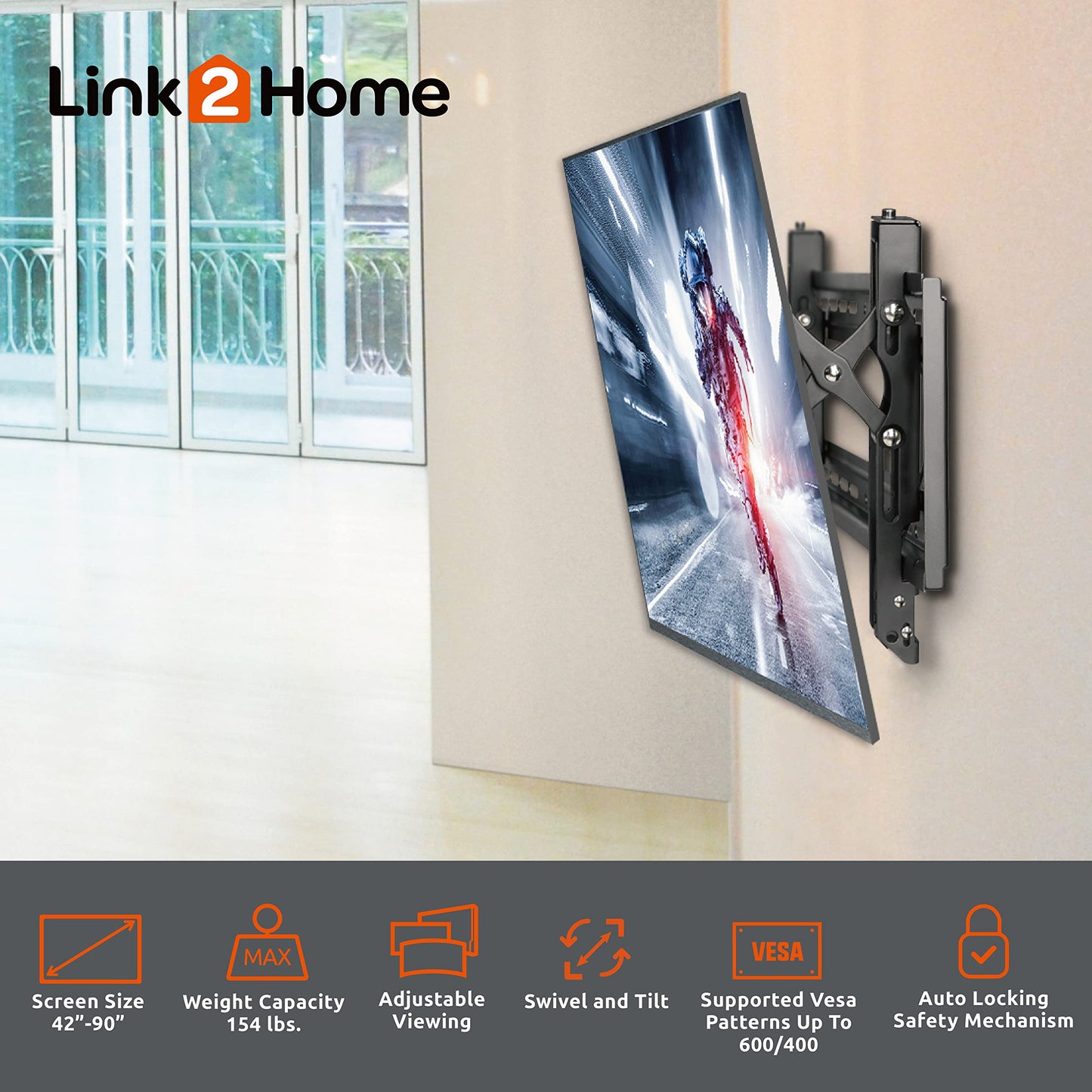 Link2Home Extend & Tilt TV Wall Mount for 42" - 90" TVs, Up to 154 lbs., VESA 600/400, Fits Flat and Curved TVs, Auto Locking Mechanism, Black