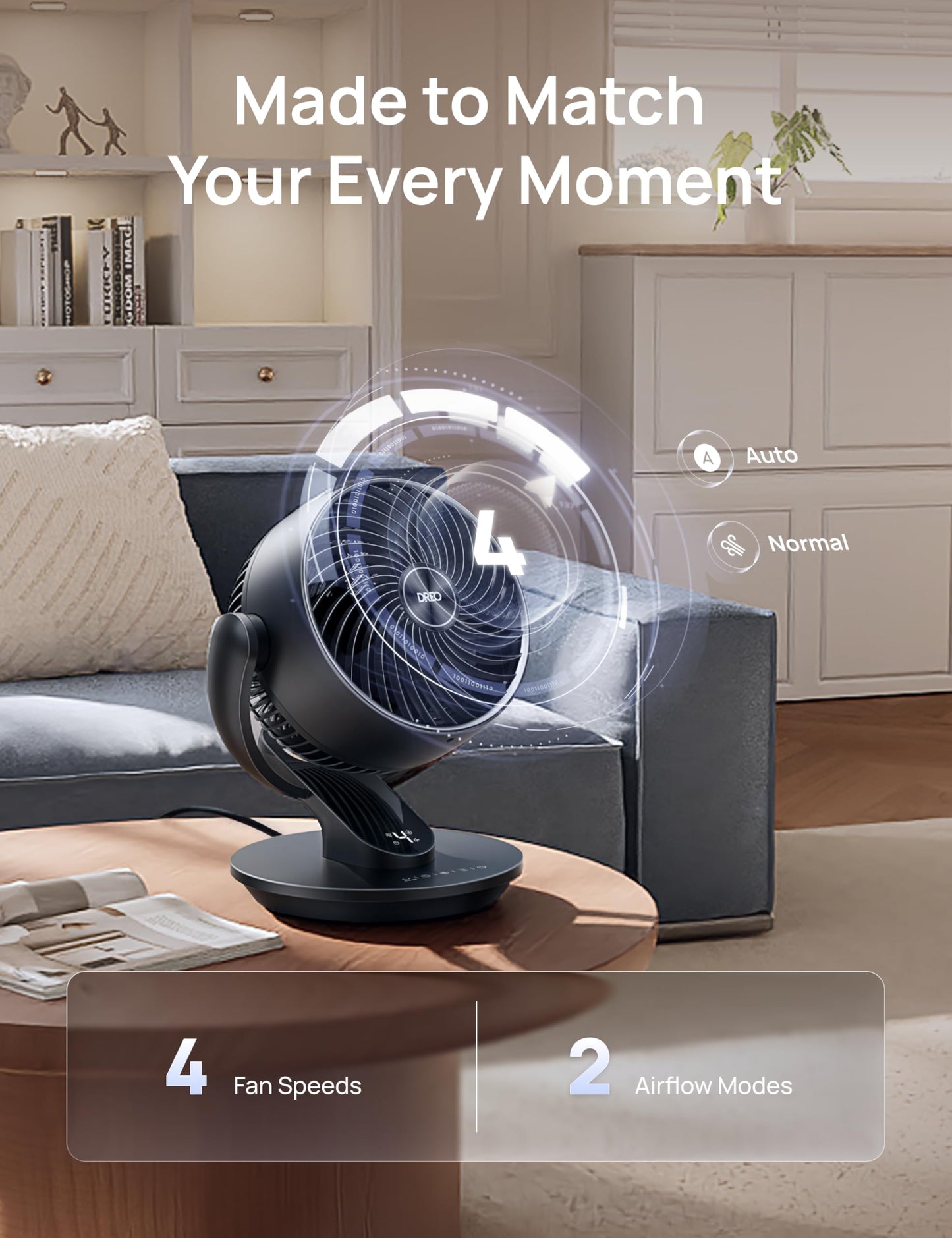 DREO Fan for Bedroom, 13-Inch Oscillating Table Air Circulator Fan for Whole Room, 120° Tilt Adjustment, 25dB Ultra-Quiet, 75ft Powerful Airflow, 4