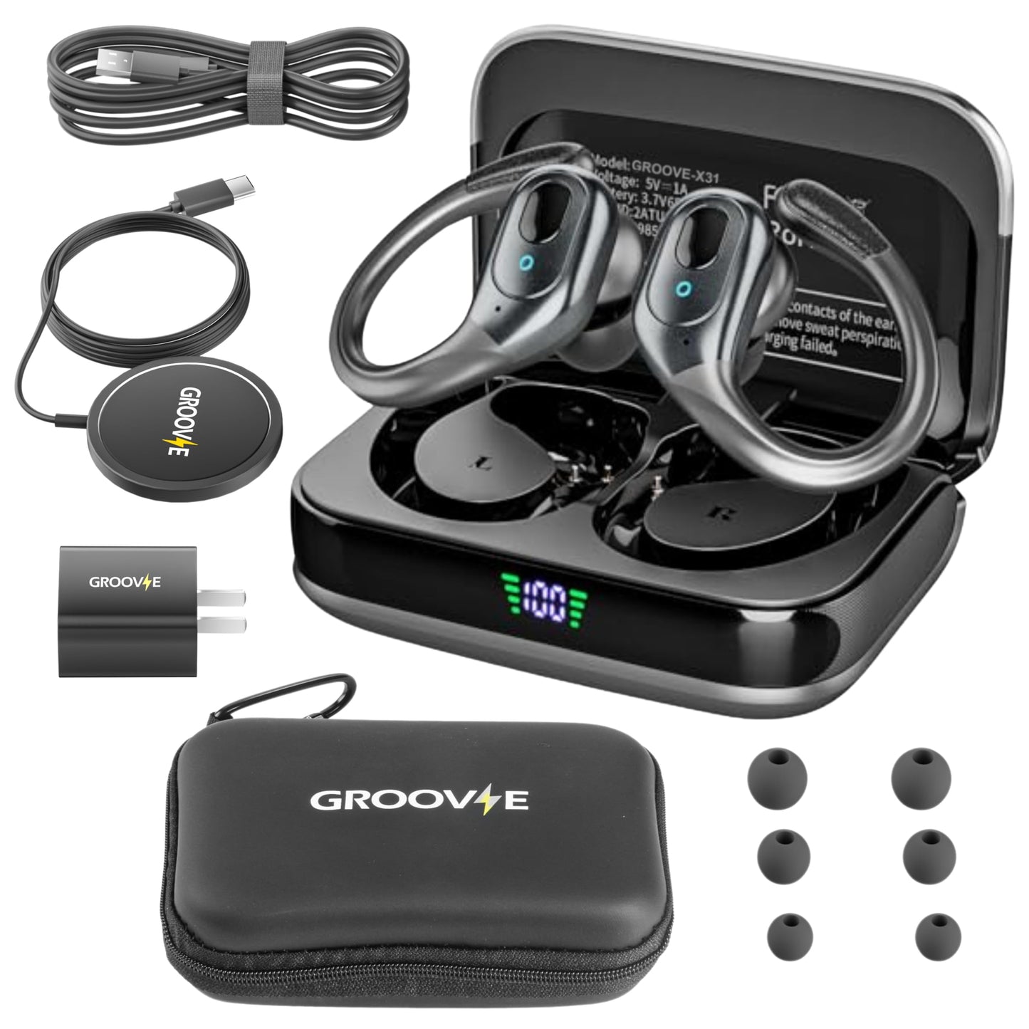 Groove 4-in-1 Wireless Earbuds w/Charging Case - 80 Hours Playtime Wireless Headphones Bluetooth 5.3 IPX7 Waterproof Noise Cancelling Earphones w/LED