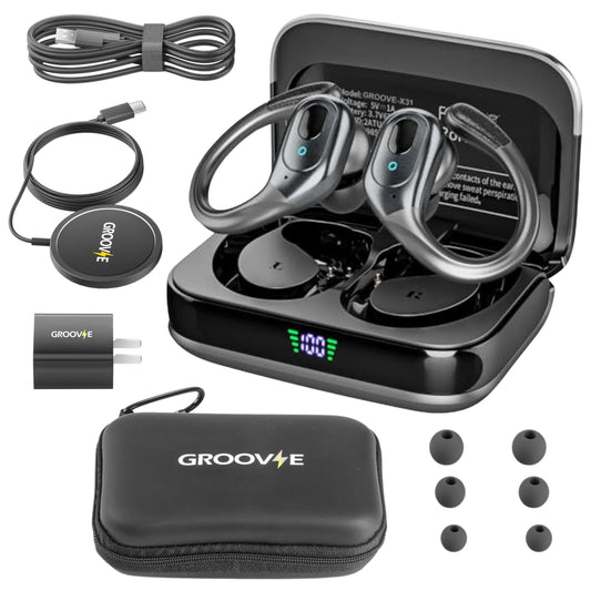 Groove 4-in-1 Wireless Earbuds w/Charging Case - 80 Hours Playtime Wireless Headphones Bluetooth 5.3 IPX7 Waterproof Noise Cancelling Earphones w/LED