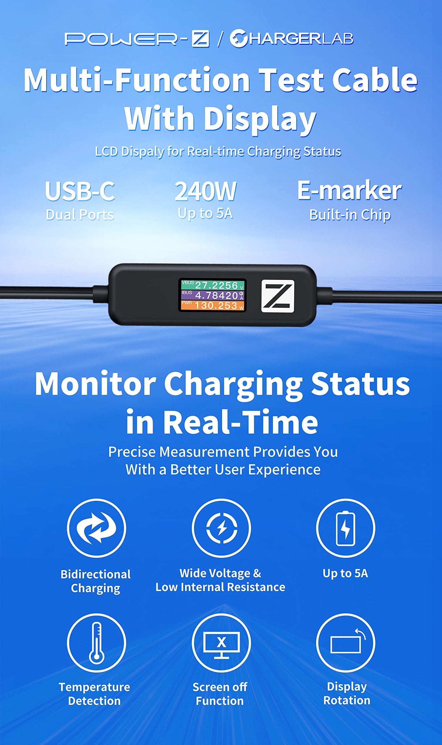 ChargerLAB Power-Z AK001 Multi-Function 240W USB PD Charging Test Cable with Color Display Compatible with USB-C Devices (1.5M/5FT)