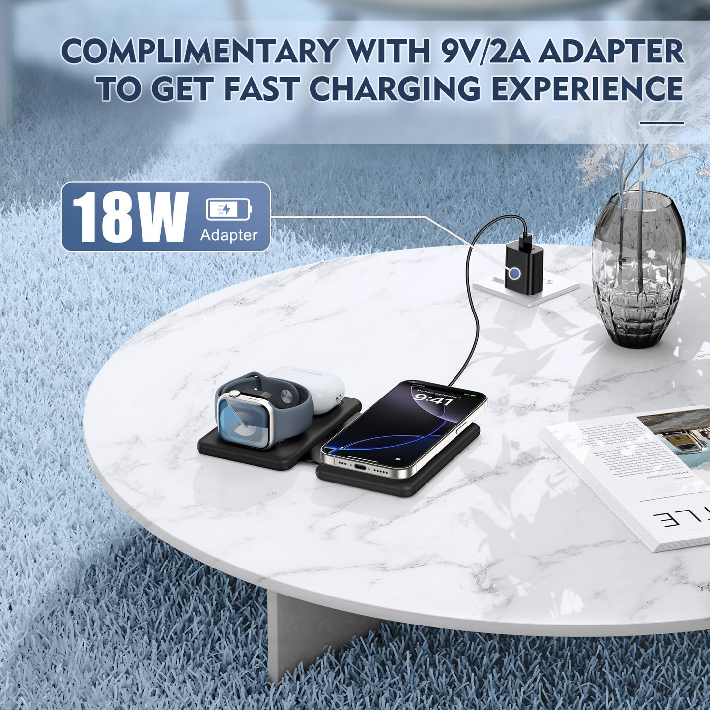 Wireless Charger iPhone - 3 in 1 Charging Station for Apple Devices for iPhone 17 16 15 14 13 12 Pro Max Plus - Foldable Magnetic Charging Pad
