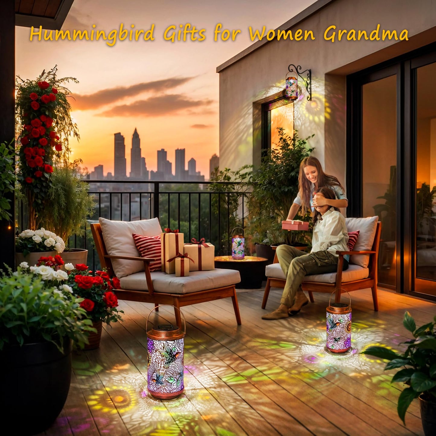 2Pack Solar Lanterns Outdoor Waterproof Hummingbird Garden Gifts for Mom, Multicolor Solar Lights Lantern for Backyard Garden, Pathway, Outside