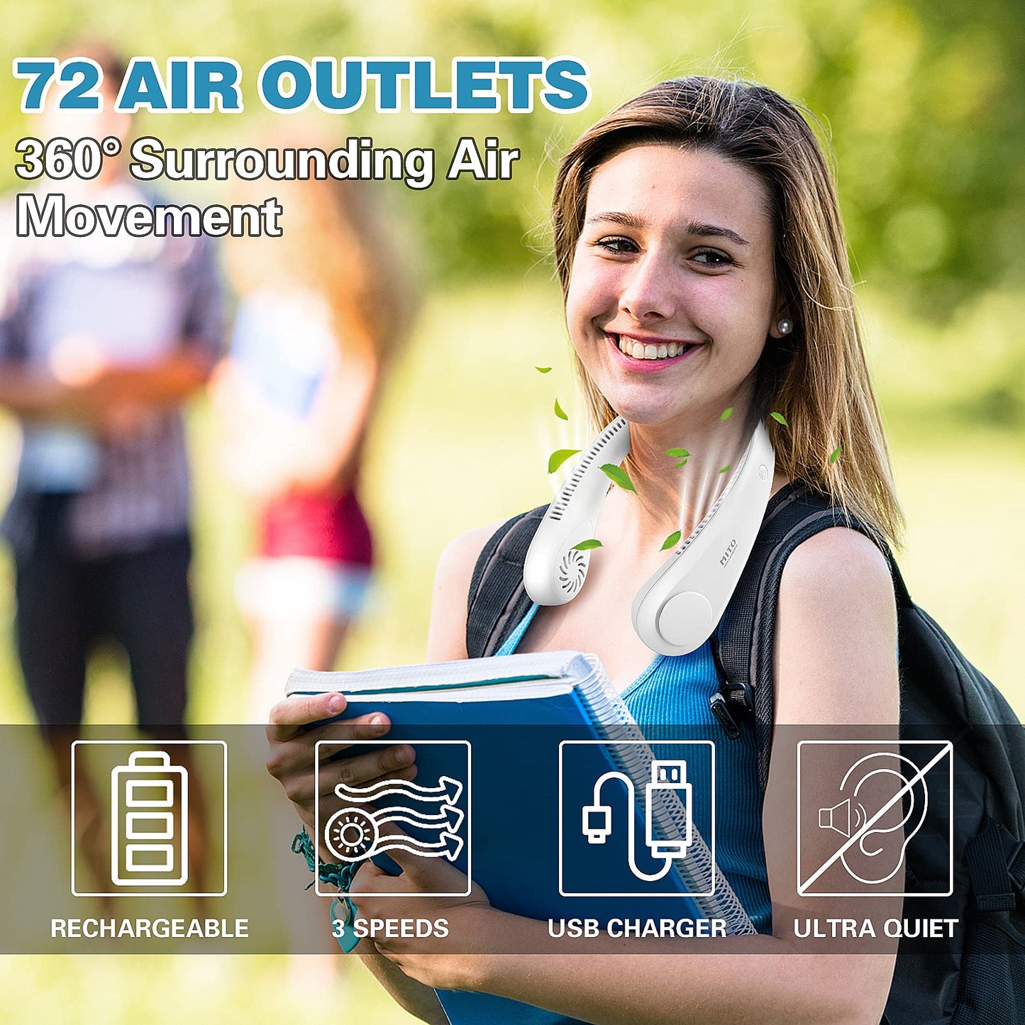 MITO Bladeless Neck Fan, Hands Free Portable Neck Fan, 4000 mAh USB Rechargeable Personal Fan, 3 Speeds Leafless Hanging Neck Fan, 360° Cooling Quiet