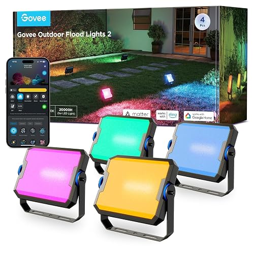 Govee Outdoor Flood Lights 2, RGBIC Warm Cold White LED Lights for Outdoor Decorations, 50 Scene Modes, Landscape Lighting, Upgrated IP66 with App