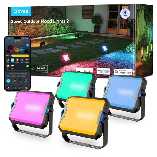 Govee Outdoor Flood Lights 2, RGBIC Warm Cold White LED Lights for Outdoor Decorations, 50 Scene Modes, Landscape Lighting, Upgrated IP66 with App
