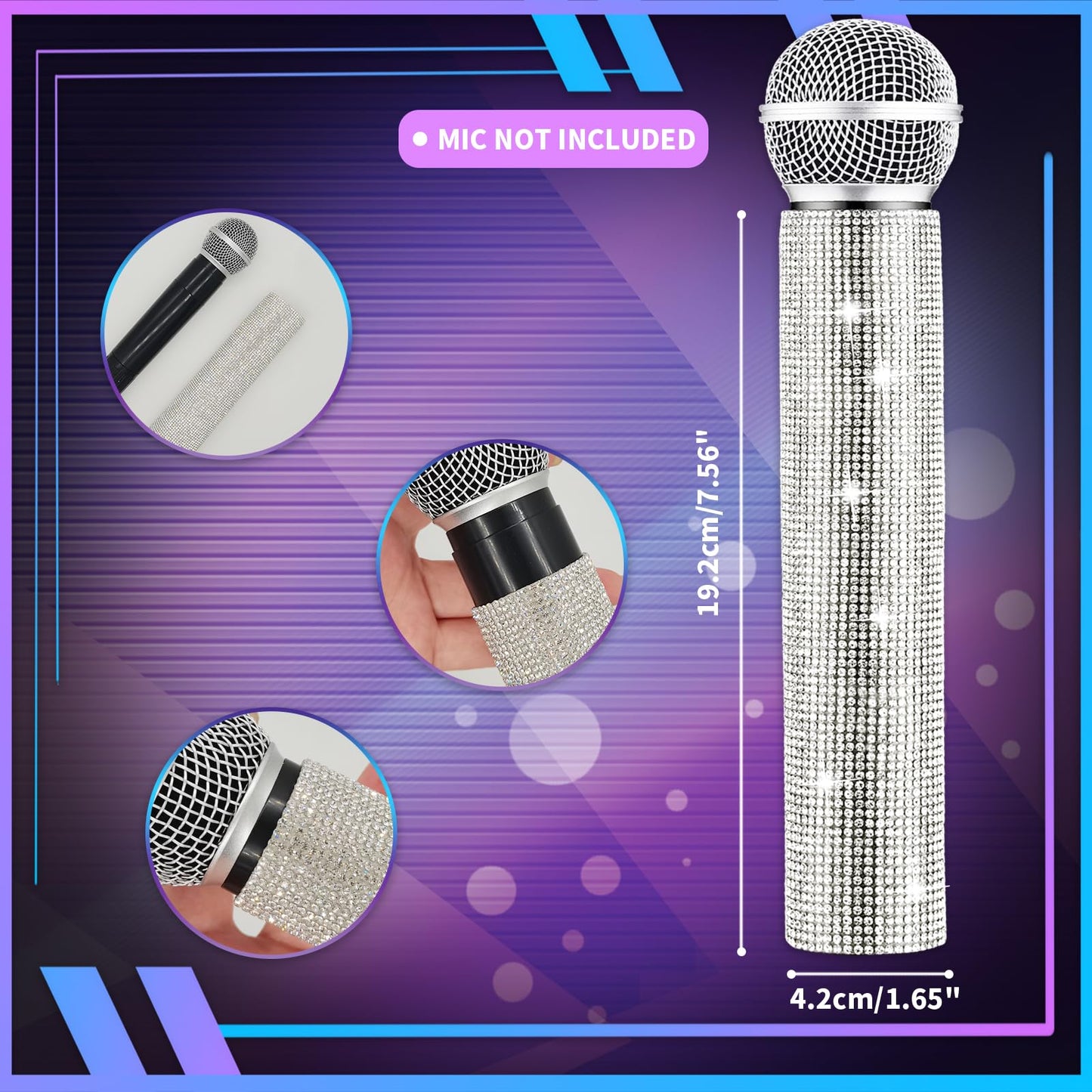 Silver Microphone Decorative Sleeve (Mic Not Included), Glitter Wireless Microphone Cover, Sparkling Bling Rhinestones Mic Handle Sleeve Protector for