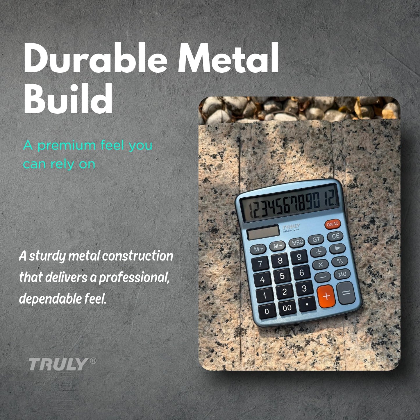 TRULY 12-Digit Desktop Calculator with Large Display, Big Buttons, Dual Power (Solar + Battery), Metal Finish, Ideal for Office, Home, School - 837A