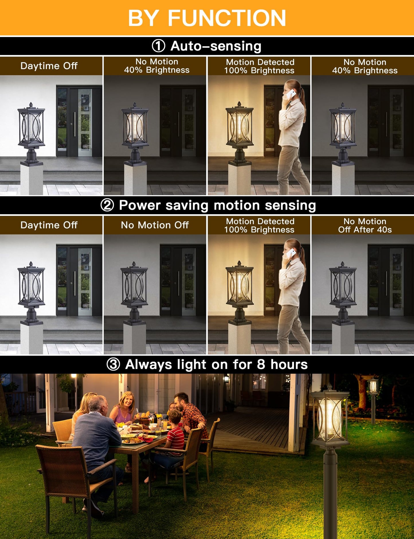 Delicavy Motion Outdoor Post Lantern Dusk to Dawn Pillar Lamp with 3 Inch Pier Mount Adapter, Black Pole Light Aluminum with Crackle Glass Motion