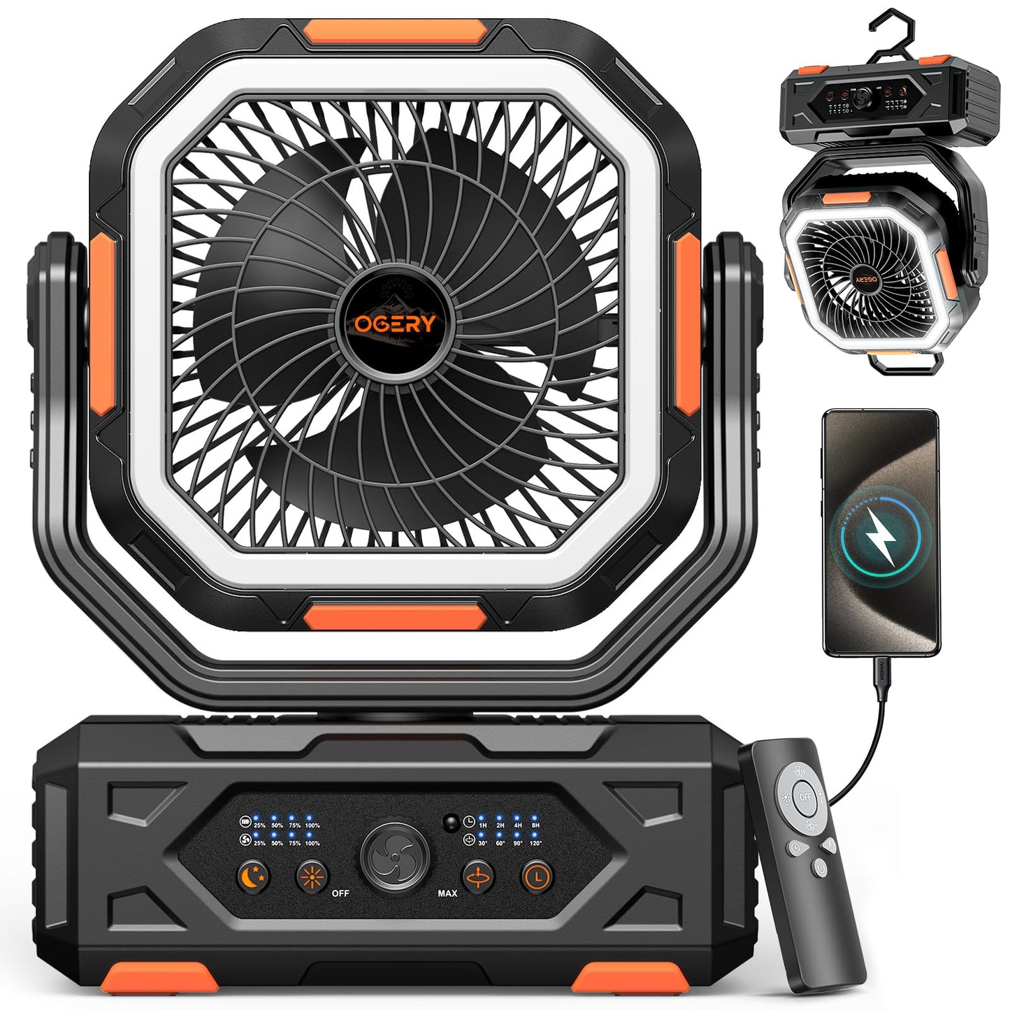 OGERY Portable Fan Rechargeable, 30000mAh Camping Fan for Tent, RV & Outdoor with Up to 322H Runtime, Battery Powered Fan with Remote, LED Lantern