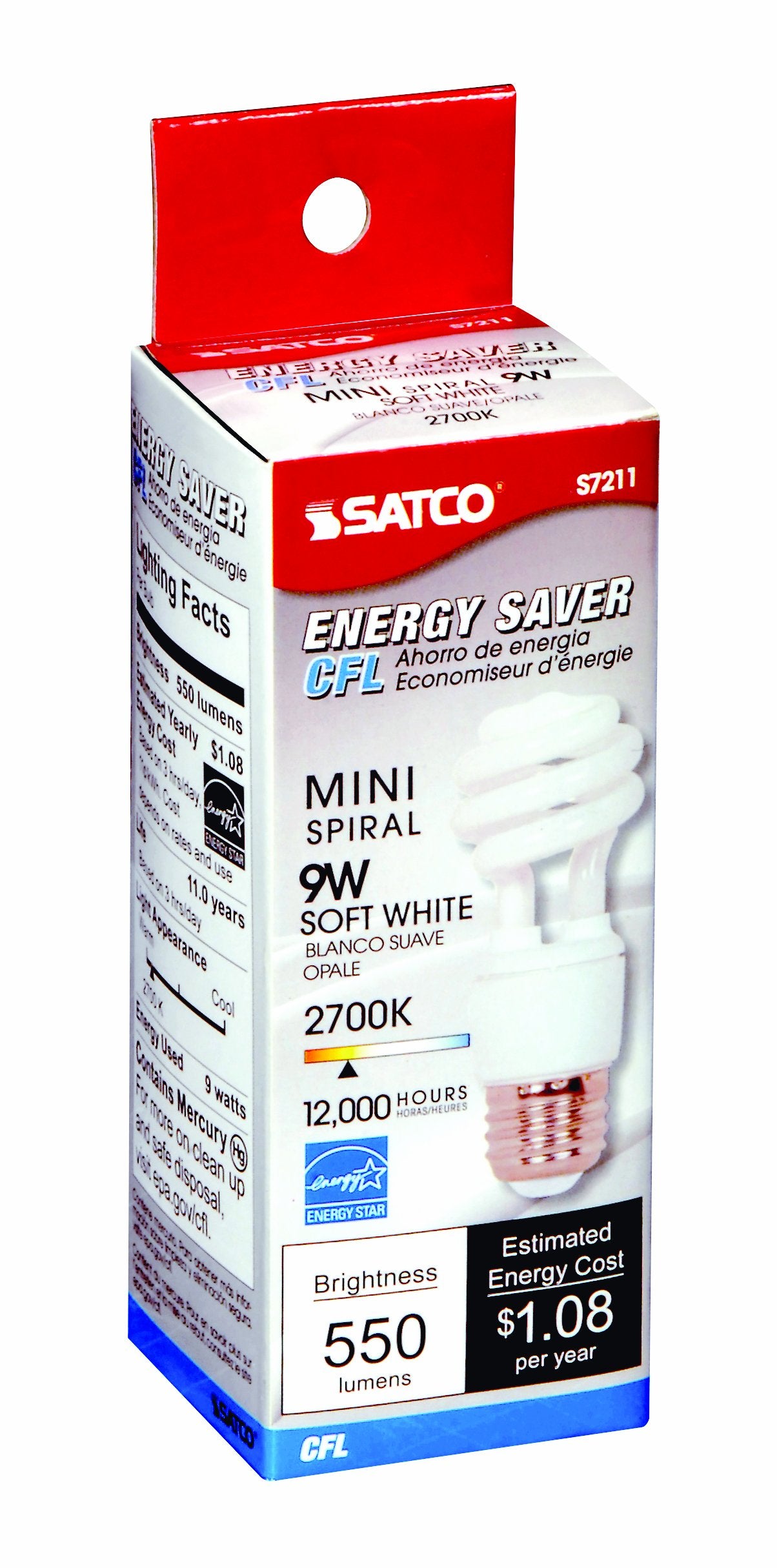 Satco S7211 9-Watt Medium Base T2 Mini Spiral, 2700K, 120V, Equivalent to 40-Watt Incandescent Lamp for Enclosed Fixtures with Energy Star Rated