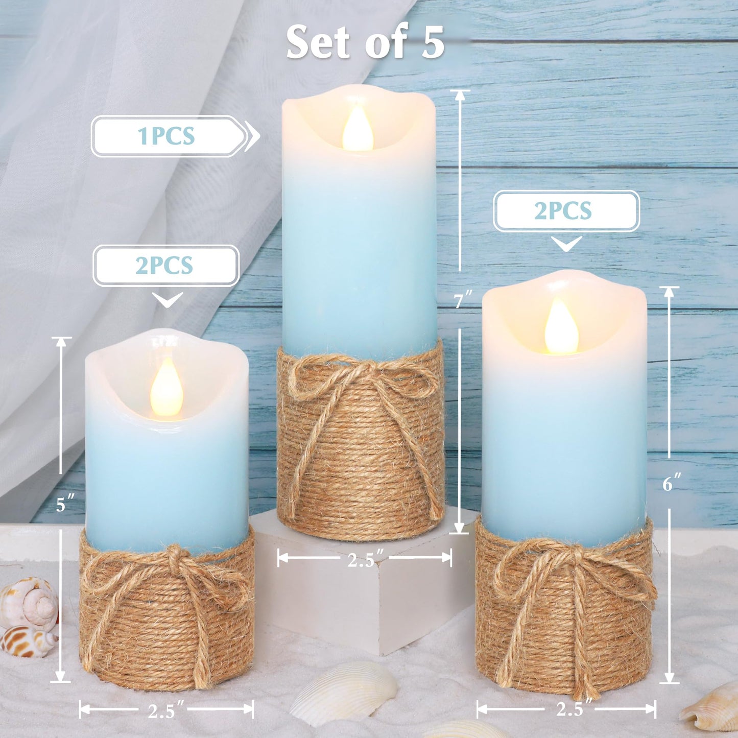 Crystal Club Blue Flameless Candles, Set of 5 Battery Operated LED Pillar Candles with Timer, Real Wax Candle Set with Remote for Home Bedroom Décor