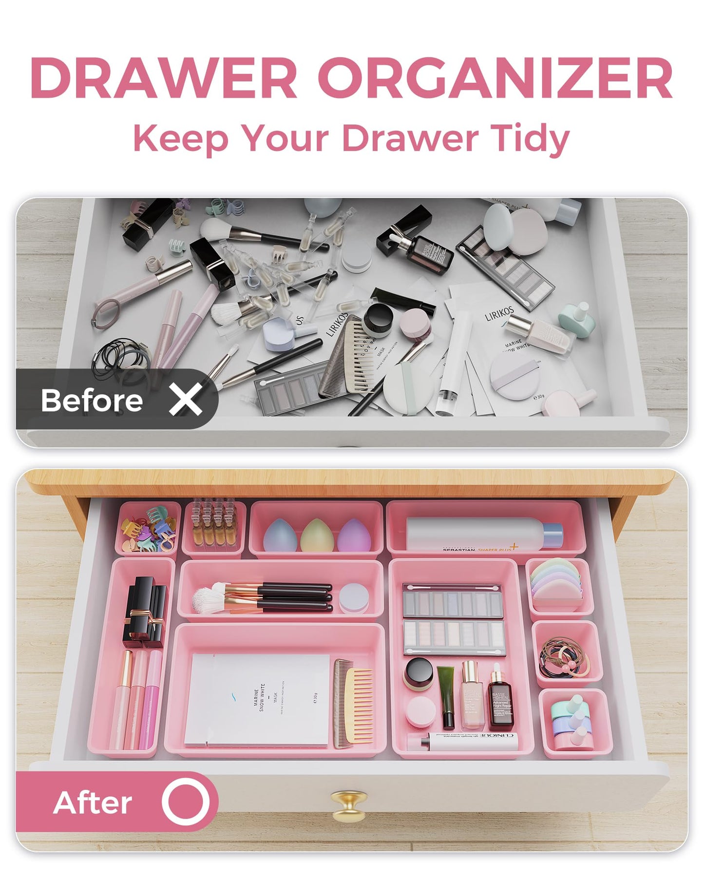 BiuLeon 25 PCS Plastic Drawer Organizers Set, 4-Sizes Vanity and Makeup Organizer, Desk and bathroom Drawer Organizer Trays, Organizers and Storage