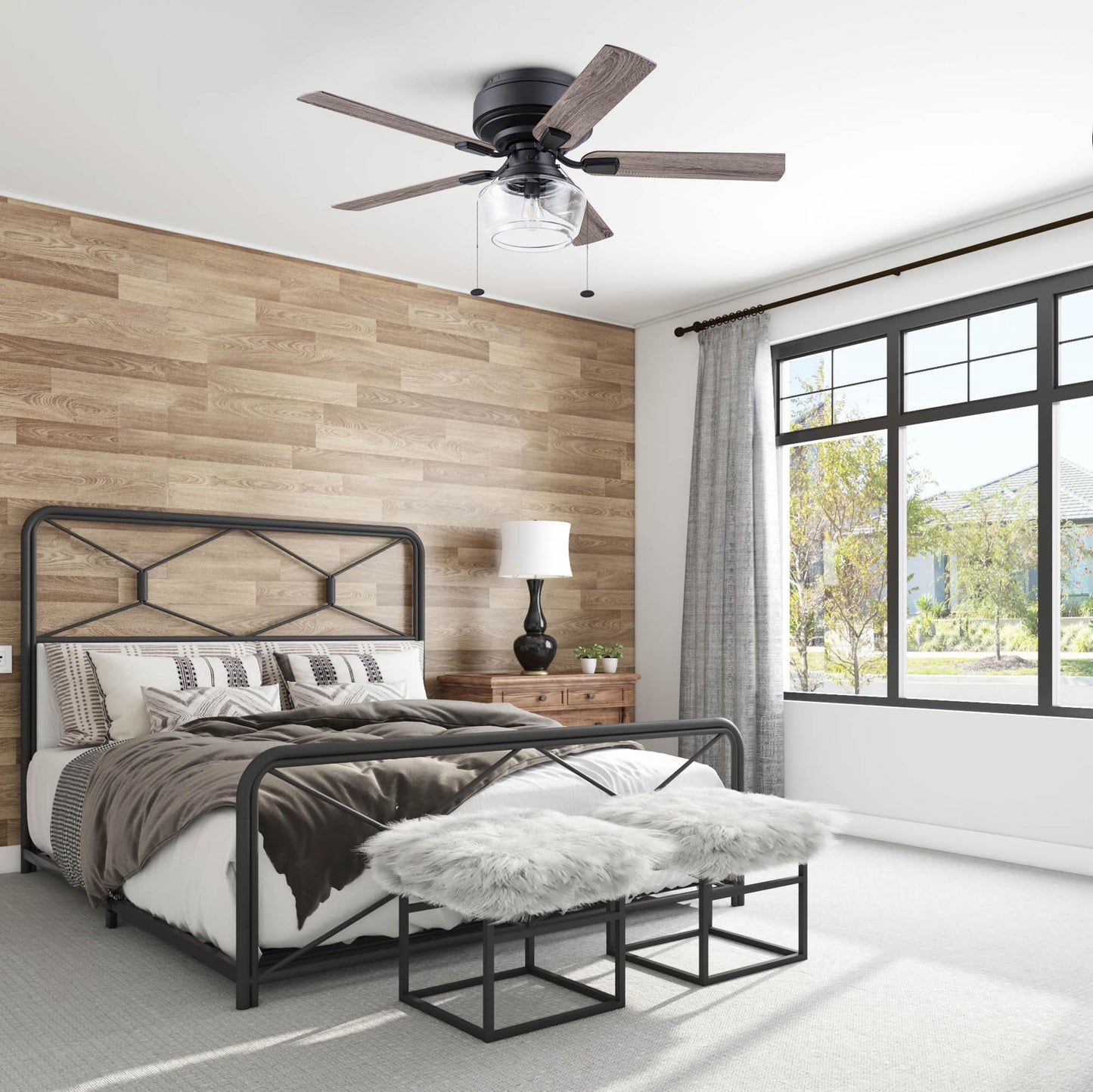 Prominence Home MaCenna, 52 Inch Traditional Farmhouse Indoor Flush Mount LED Ceiling Fan with Clear Glass Light, Pull Chain, 5 Reversible Dual-Finish