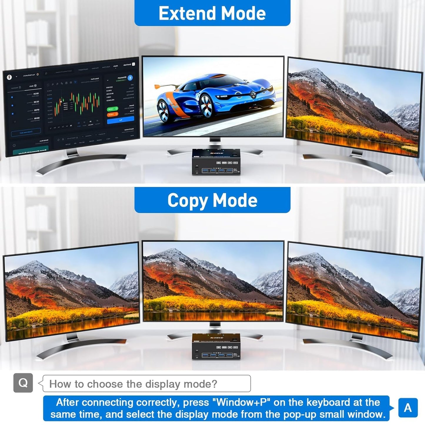 KVM Switch 3 Monitors 2 Computers, HDMI + DisplayPort KVM Switcher 8K@30Hz/4k@144Hz for 2 Computer Share 3 Display and 4 USB 3.0 Devices