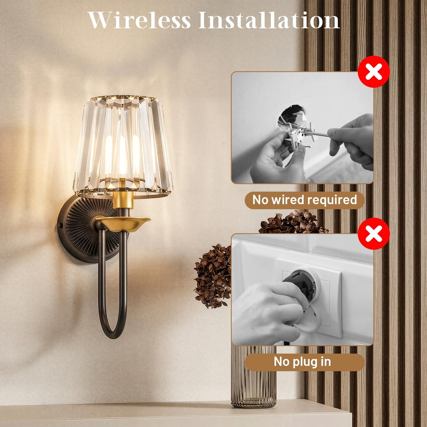 KernLite Black and Gold Battery Operated Wall Sconces Set of Two, Crystal Wireless Rechargeable Wall Lights with Remote, Dimmable 3 CCT and 12 RGB