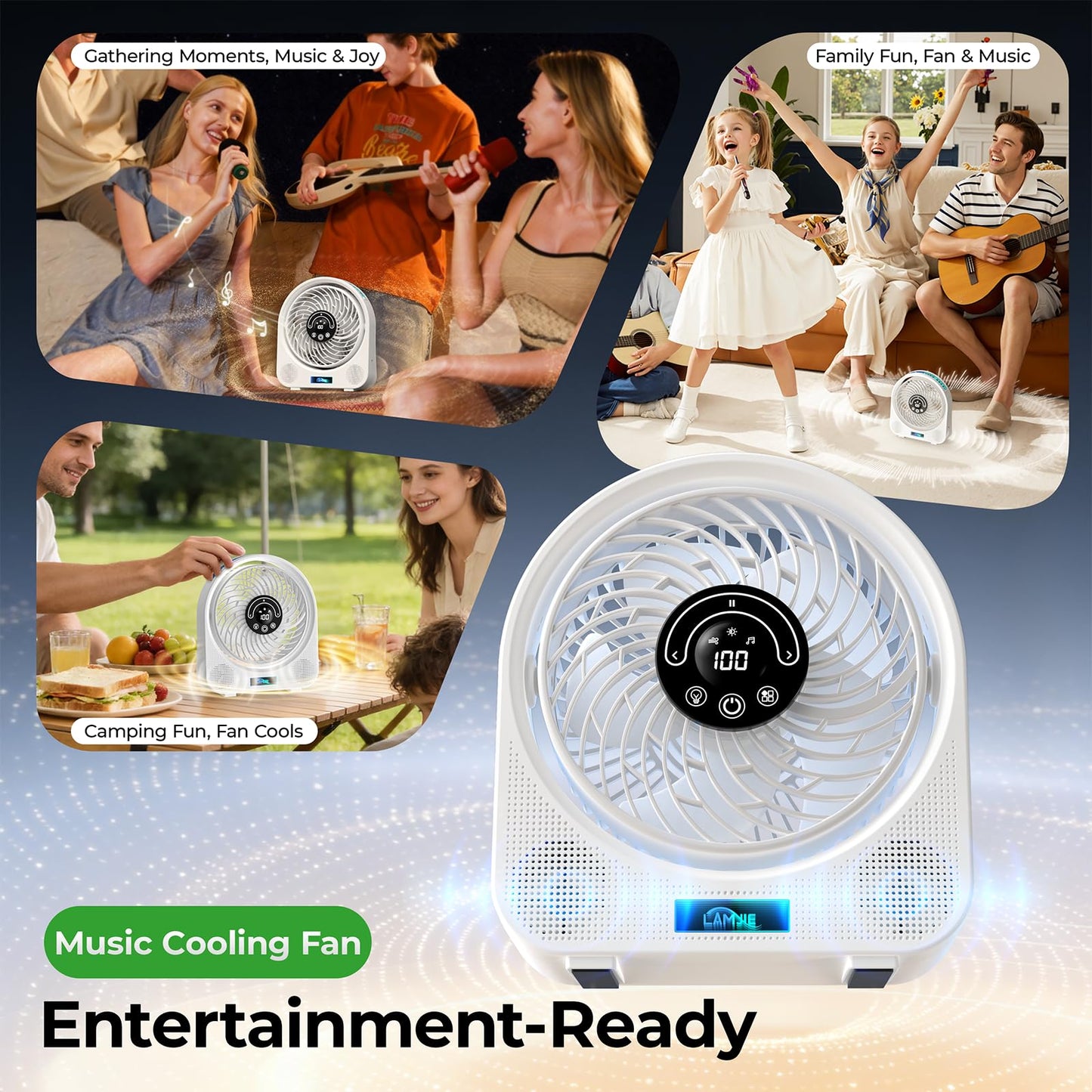 LAMJIE 2-in-1 Desktop Fan with Bluetooth Speaker, White, Powerful Bass, 14 Light Modes, 8-Hour Runtime