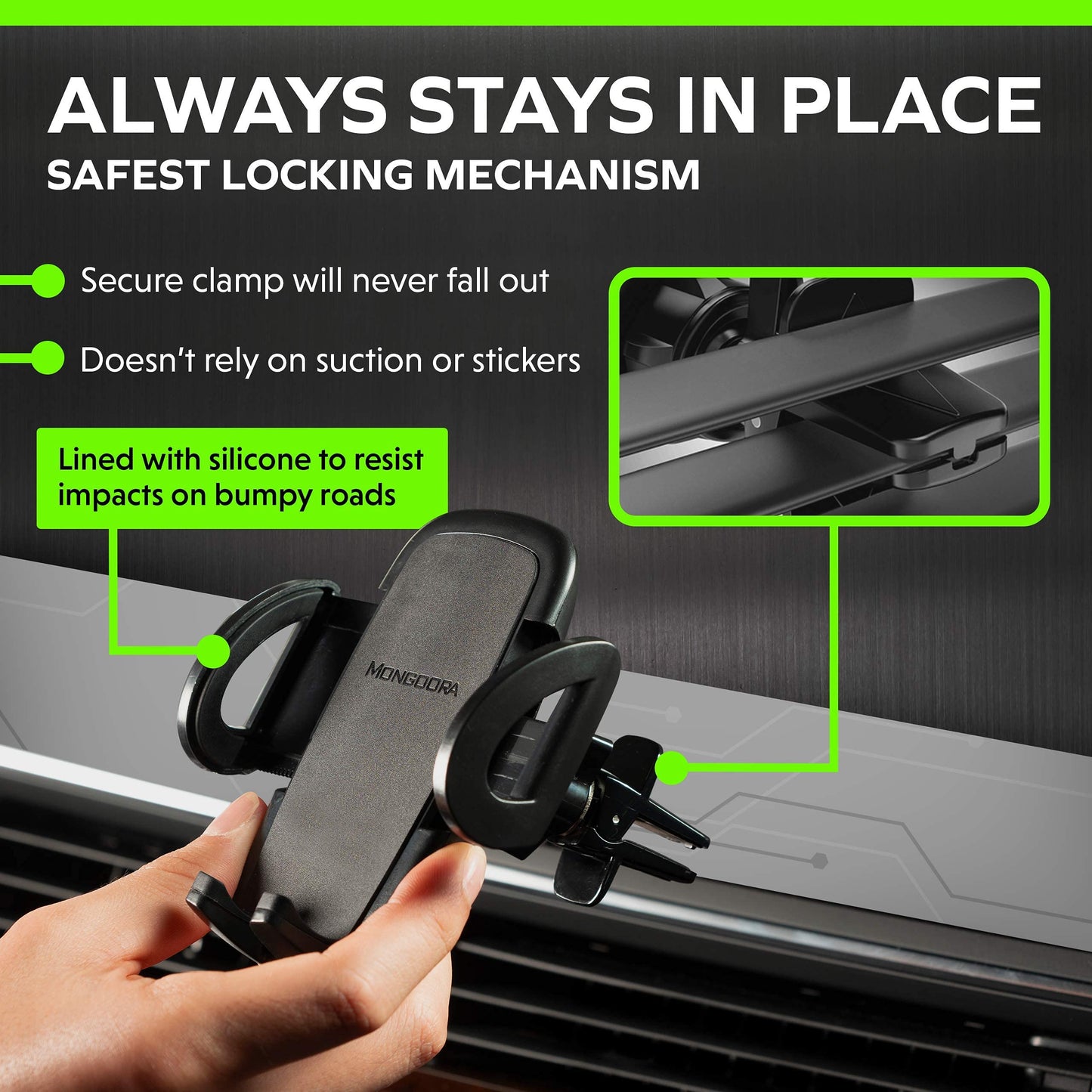 Mongoora Air Vent Car Phone Mount Holder - Locking Cell Phone Car Mount Universal for Any Smartphone, iPhone, Android - Clip On Car Phone Holder