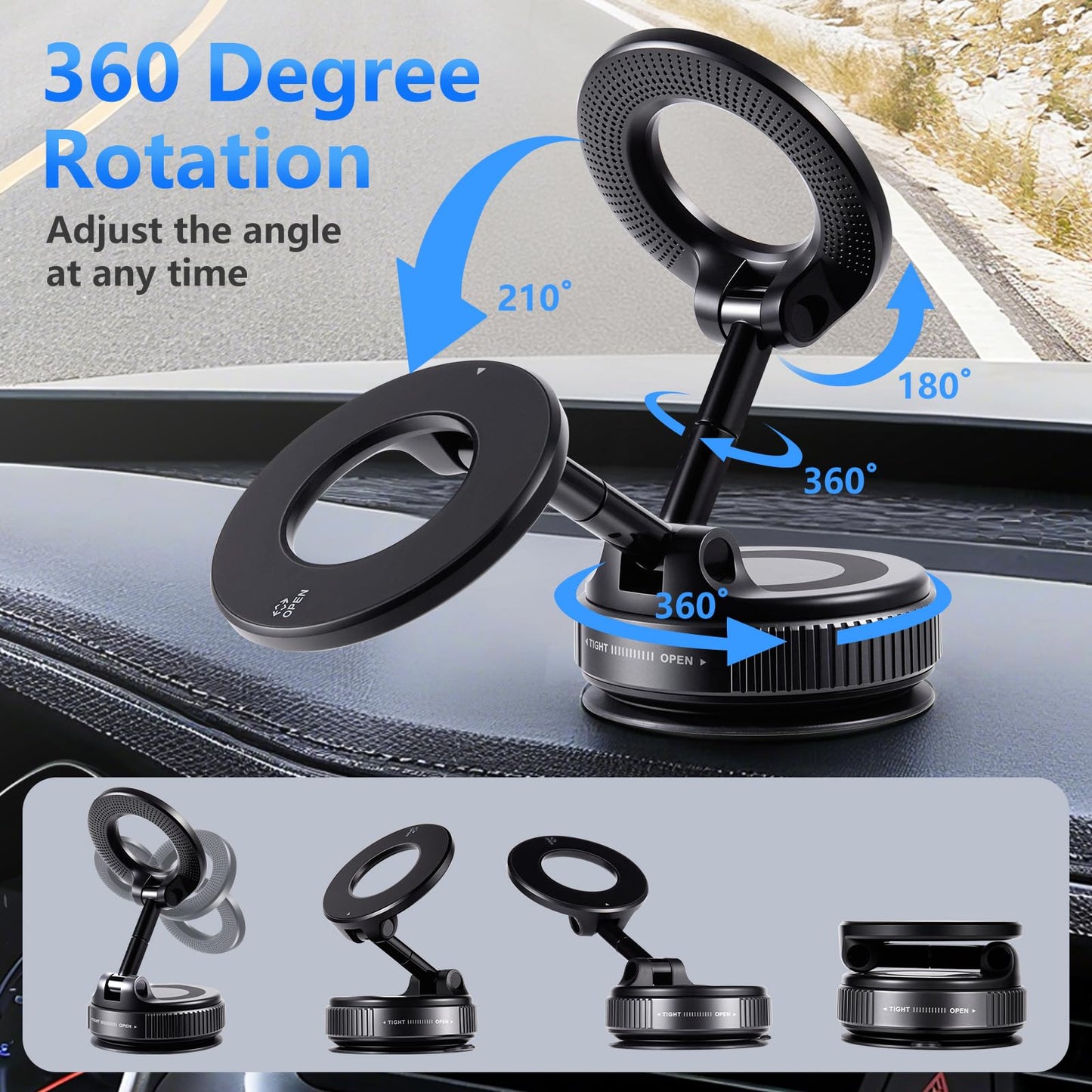 Yamhoy Vacuum Magnetic Suction Car Phone Holder Fold-able and and Hands-Free 360° Adjustable Rotation Phone Mount, Compatible with All Smartphones