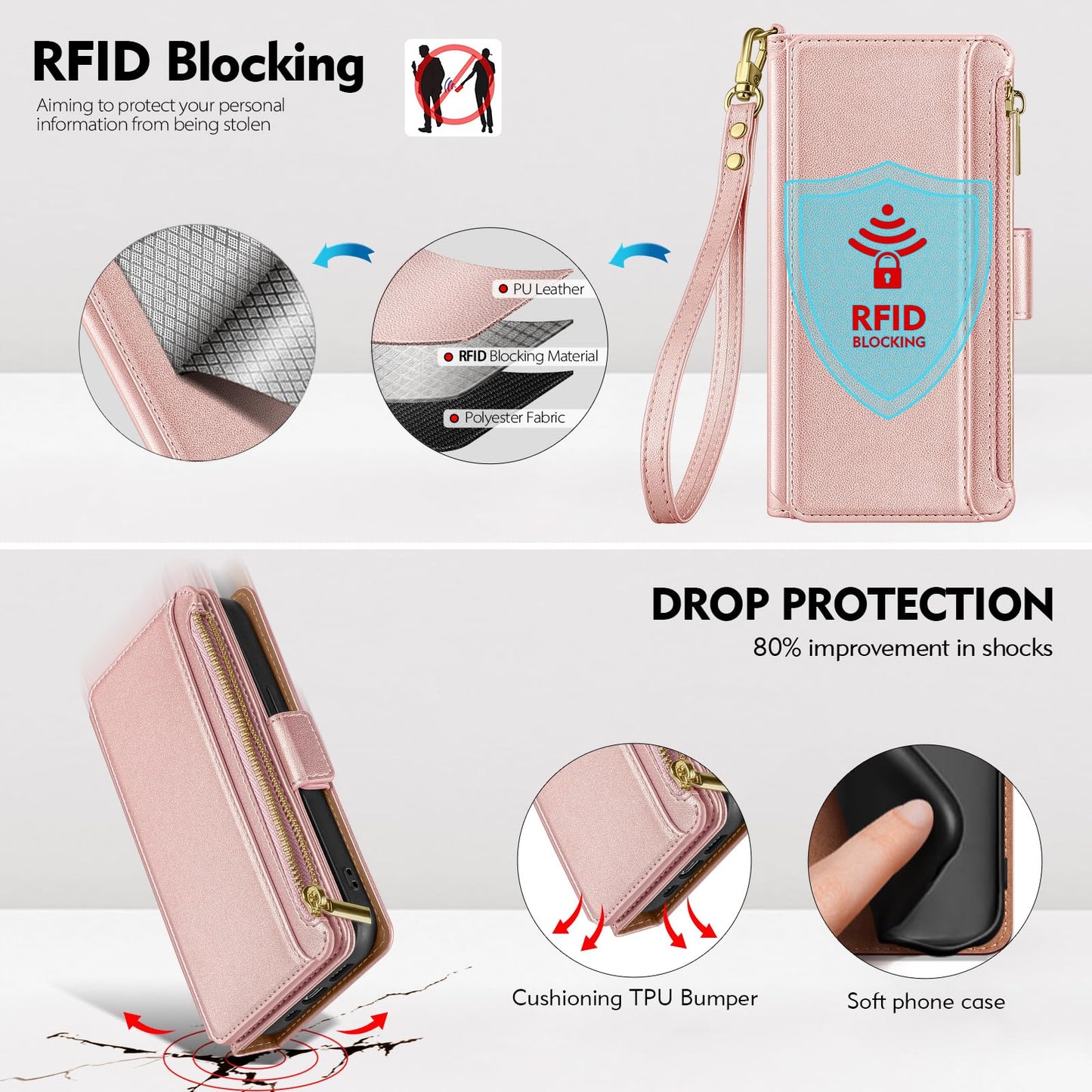 Antsturdy Compatible with iPhone 16 Pro Wallet Case,RFID Blocking PU Leather Phone Case Women Men Kickstand Flip Cover Wrist Strap Zipper Credit Card