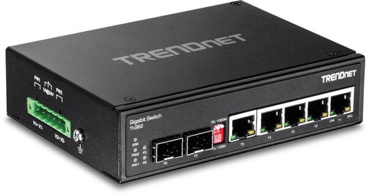 TRENDnet 7-Port Industrial Gigabit DIN-Rail Switch, TI-G62, 5 x Gigabit Ports, 2 x Gigabit SFP Ports, IP50 Weather Rated, 14Gbps, NDAA TAA Compliant
