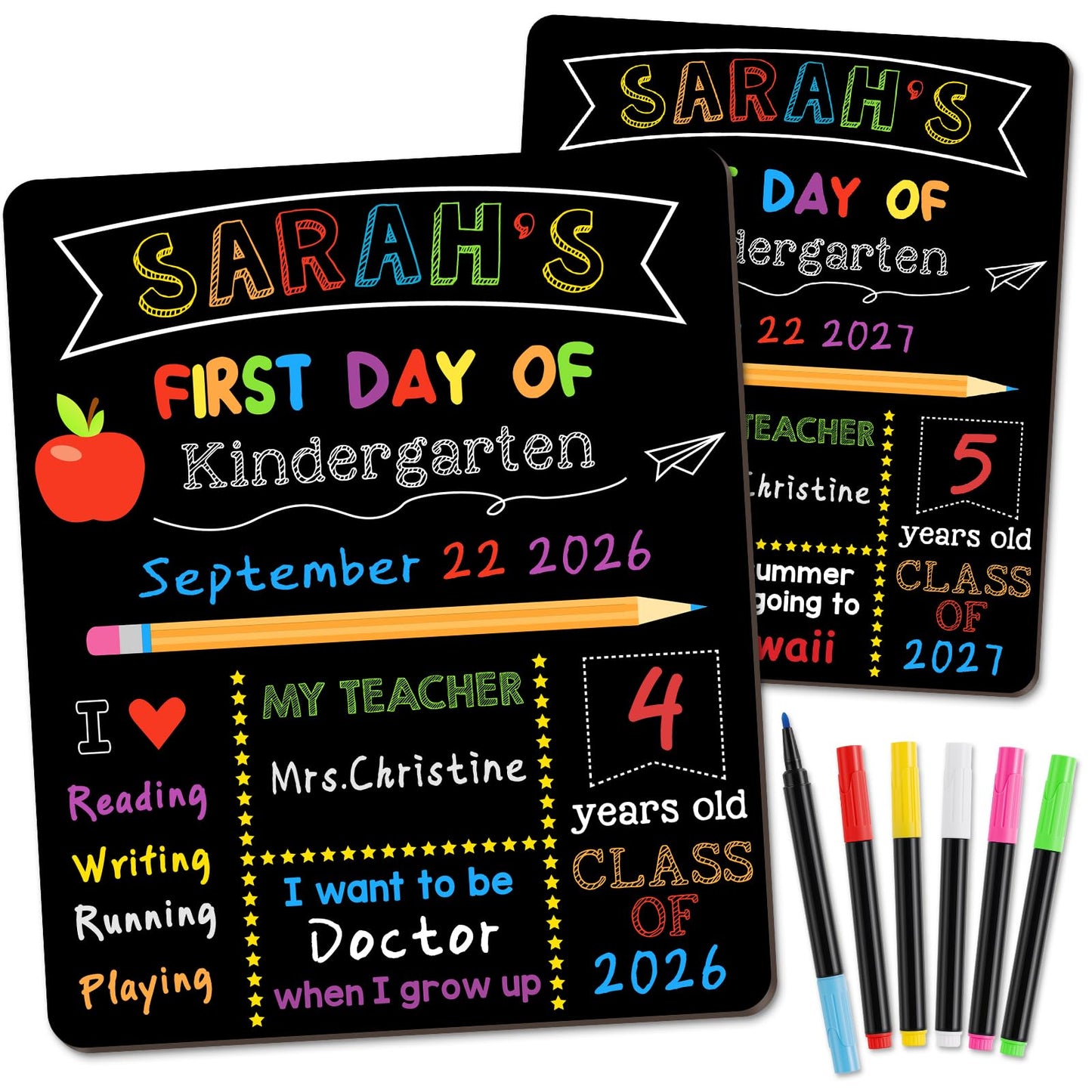 First & Last Day of School Signs with 6 Writing Pens, 10 x 12 Inch Double Sided Back to School Board, Reusable Wooden 1st Day