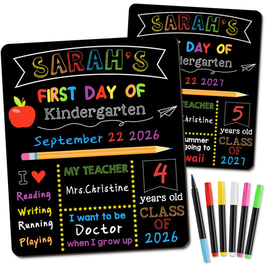 First & Last Day of School Signs with 6 Writing Pens, 10 x 12 Inch Double Sided Back to School Board, Reusable Wooden 1st Day