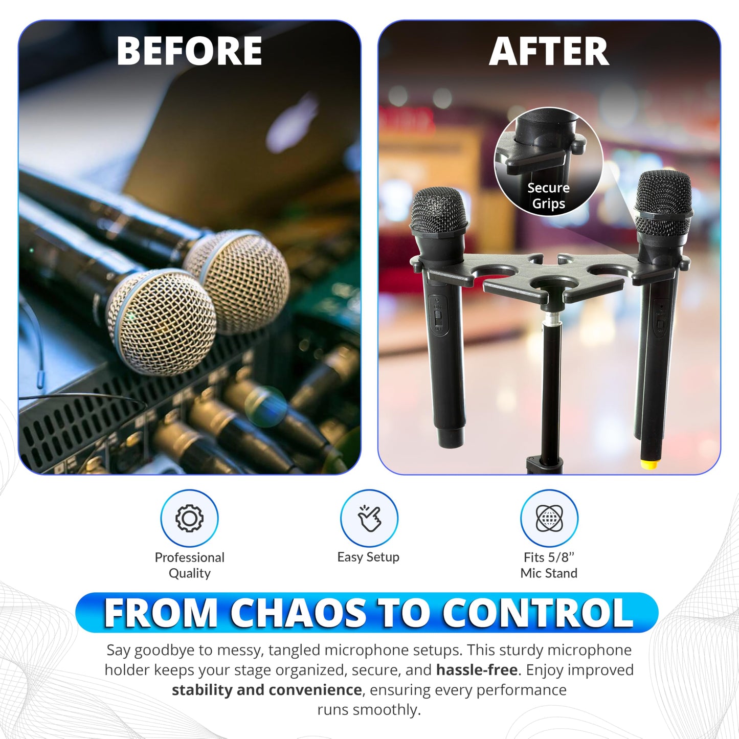 MerleGrape Multi Microphone Holder - Onstage Mic Holder, Wireless Microphone Holder for Mic Stand - Hold Up to 6 Mics - Complete with Cable Tie Wraps