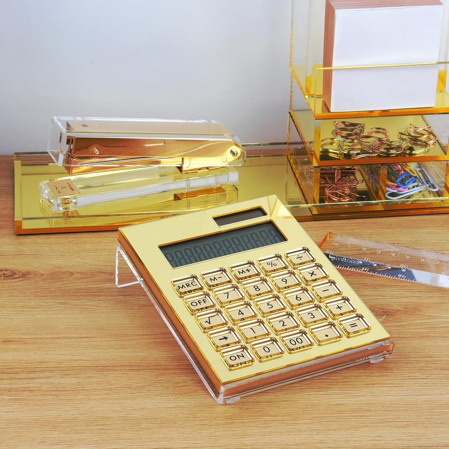 EXPUTRAN Acrylic Calculator with Stand, Battery and Solar Hybrid Powered Basic Calculator 12-Digit LCD Display,Home Office Desktop Accessories(Gold)