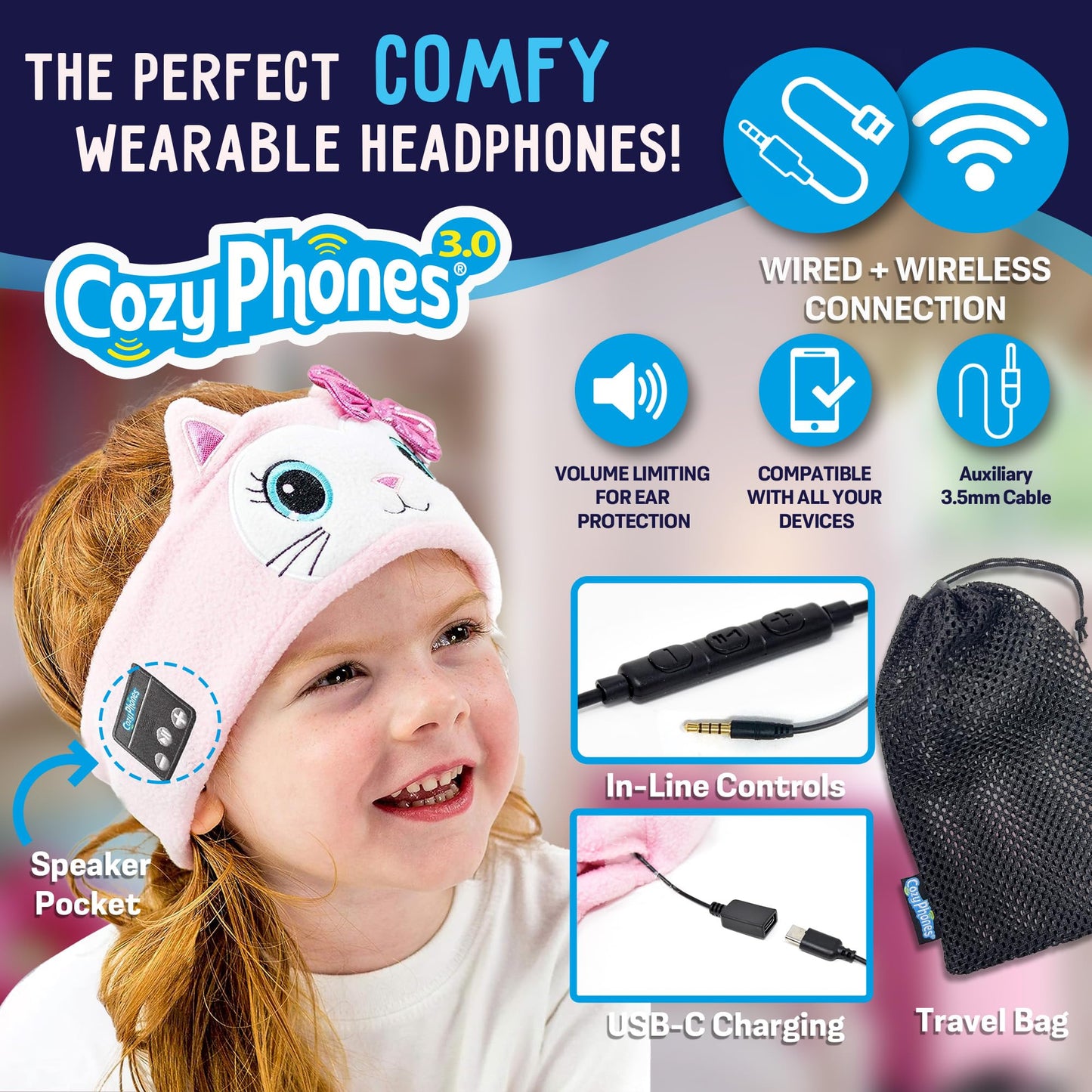 Toddler Headphones Wireless, Kids Bluetooth Earphones, Safe Volume - Wired School Headphones for Kids with 3.5 MM Jack and Travel Bag - Toddler