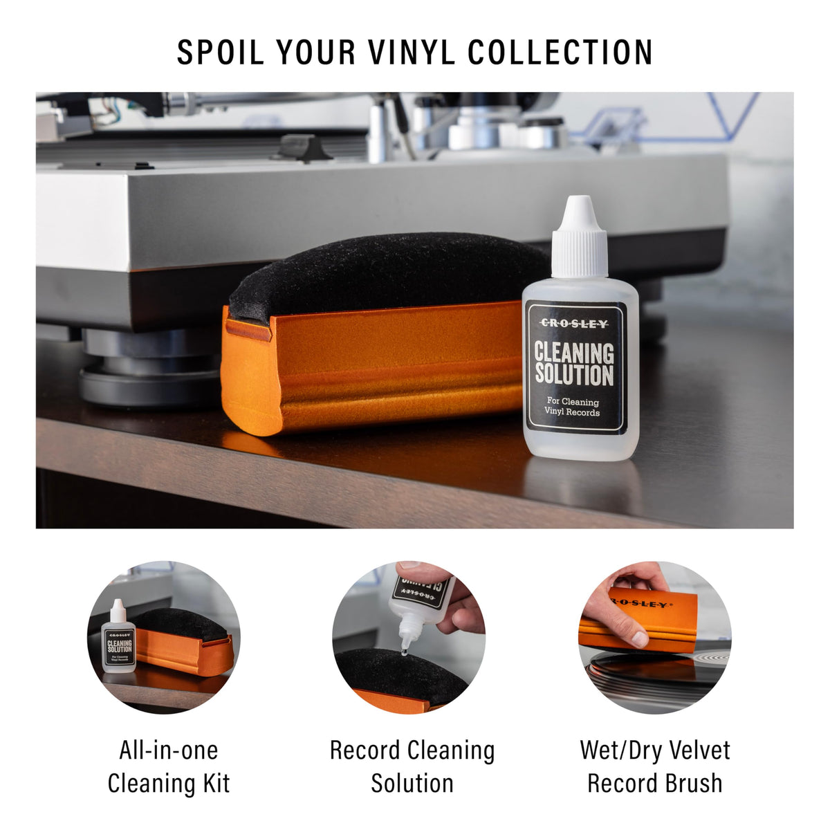 Crosley AC25 Turntable Record Maintenance Kit with Cleaning Solution and Wet/Dry Velvet Brush