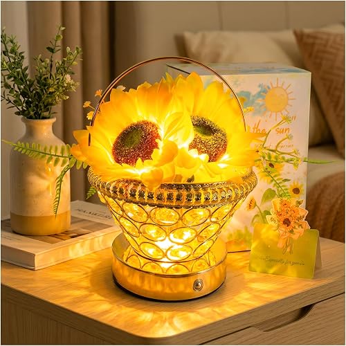 YWYWLED Pearl Sunflower Lamp - Cordless USB-Rechargeable LED Night Light with 3-Color Touch Control, 3D-Printed Flower Table Lamp, Bedroom Reading