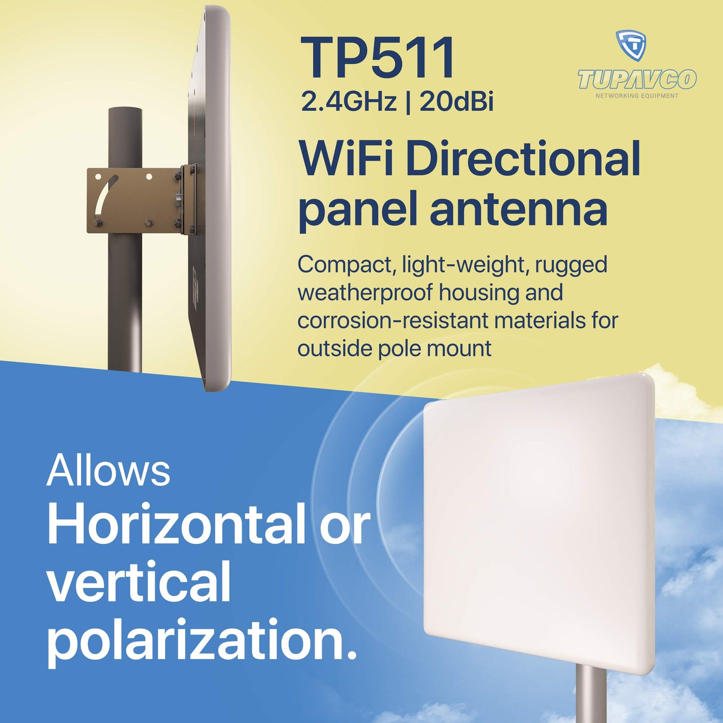 Tupavco TP511 WiFi Panel Antenna 2.4GHz (20dBi) Outdoor Directional (2400-2483 MHz) Wireless Network Signal (Pole Mast Mount) Weatherproof High-Gain
